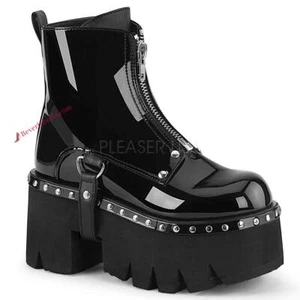DEMONIA ASHES-100 Biker Combat Goth Punk 3.5" Platform Boots - Black Patent - Picture 1 of 5