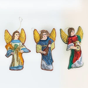 Vintage Asian Embroidered Silk Angels Hanging Christmas Ornaments Set of 3 - Picture 1 of 7