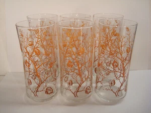 Libbey Autumn Fall Branches Leaves Limbs Orange Brown 6 Drink Tea 18oz Glass Vtg - Picture 1 of 10