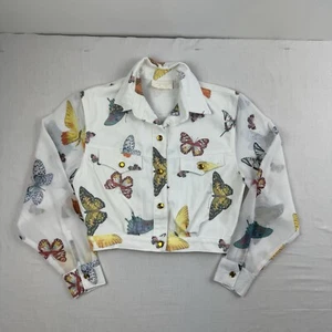 Vintage Butterfly Denim Jacket Womens XS White Colorful Sheer Sleeves 80s - Picture 1 of 13