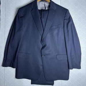 Hart Schaffner Marx Men's Gold Trumpeter Stripe Suit Jacket 46R Pants 38x27 Blue - Picture 1 of 15