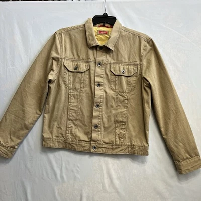 Izod 男式棕褐色牛仔夹克,尺寸 L,纽扣前经典学院风 — 第 1/4 张图片