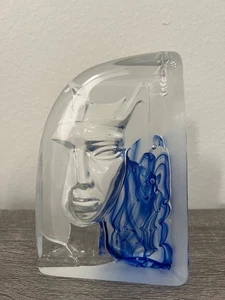 Mats Jonasson Style LARGE Blue Face Masq Art Glass Paperweight - Picture 1 of 20