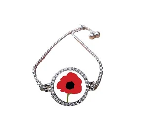 Poppy Military Remembrance Silver Colour Bracelet With Diamantes And Gift Box - Picture 1 of 4