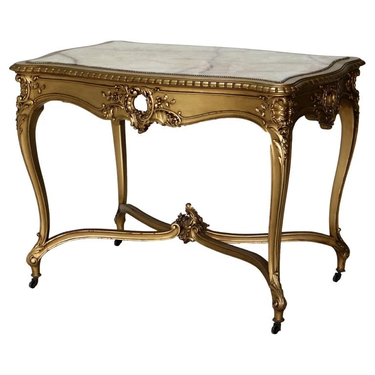 Antique Louis XIV Giltwood & Inset Onyx Parlor Table with Foliate Elements C1890 - Image 1 of 4