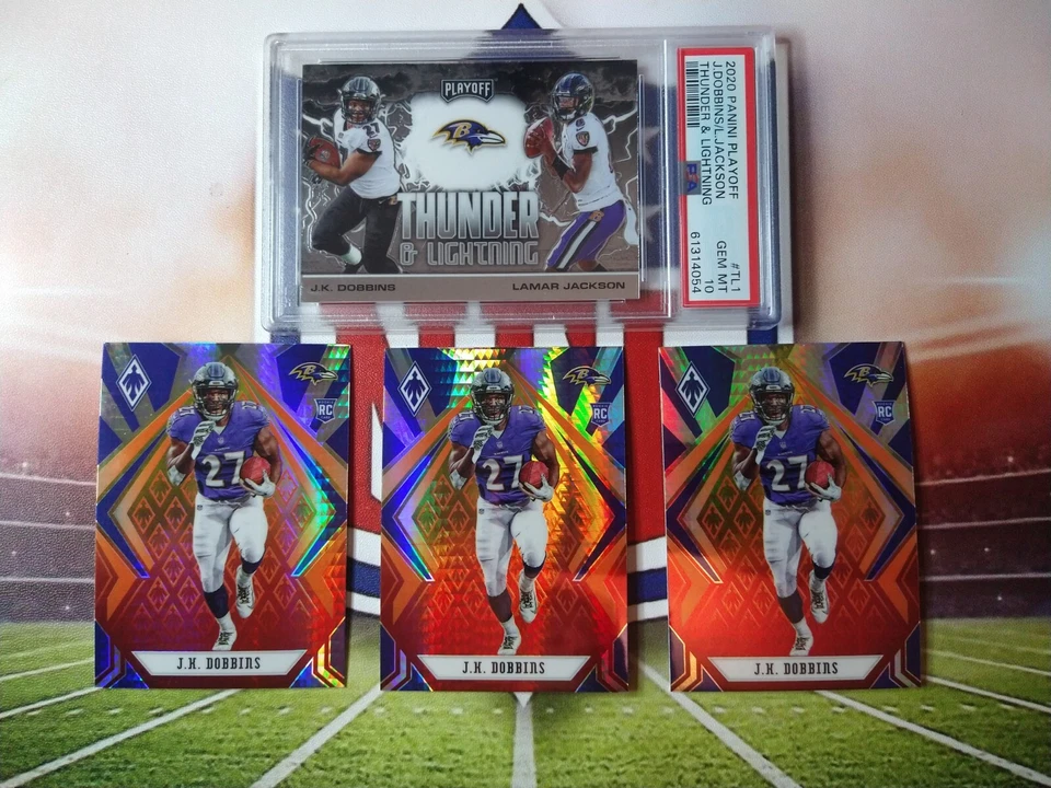 2020 Playoff Thunder & Lightning J.K. Dobbins Lamar Jackson PSA 10 Rookie RC ++ - Image 1 of 4