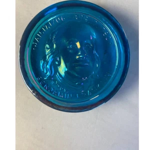 Vintage 1970 Benjamin Franklin Blue Carnival Glass Paper Weight Hamilton - 4.5" - Picture 1 of 5