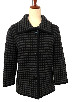 JONES NEW YORK Women's L 100% Merino Wool Sweater Jacket Black Grey Waffle Knit - Image 1 of 4