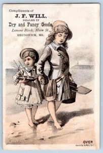 DE 1880 BRUNSWICK MAINE JF WILL PRODUCTOS SECOS GIES LITOGRAFÍA NIÑOS EN LA PLAYA JUNTO AL MAR - Imagen 1 de 2