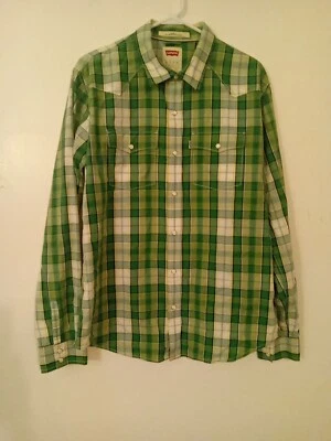 Camisa Levis Manga Larga XL Perla A Presión Verde Amarillo Blanco Cuadros Foto 1 de 3