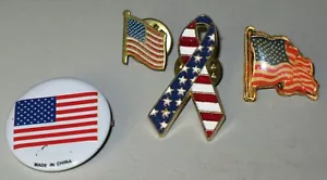 4 different U.S. flag lapel pins, 1 ribbon flag, 2 mini flags 1 pinback button - Picture 1 of 11