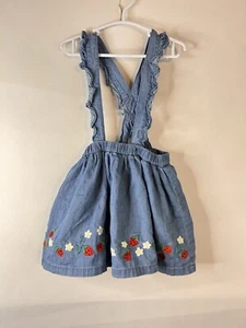 Mini Boden Chambray Strawberry Embroidered Jumper Dress Skirt Ruffle 2-3Y Spring - Picture 1 of 5