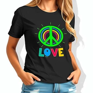 Retro Peace Symbol T-Shirt for Women - Black Short Sleeve Tee -All cotton - Picture 1 of 4