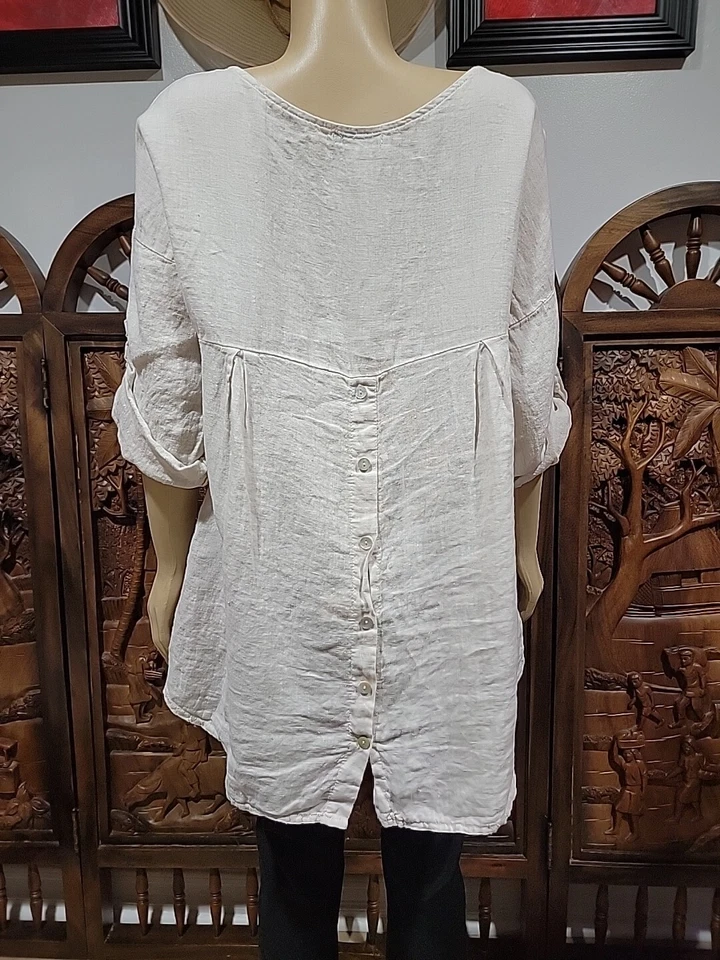 Blusa túnica Terzo Millennio de lino natural dobladillo alto-bajo manga lengüeta enrollable #C Foto 1 de 4