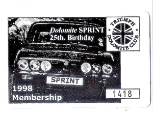 1998 TESSERA TRIUMPH DOLOMITE CLUB 25° ANNIVERSAR DOLOMITE SPRINT di MICHELOTTI - Imagen 1 de 1