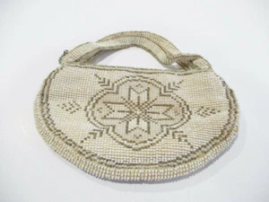 Vintage beaded small zippered purse white and brown made in Czechoslovakia - Bild 1 von 6