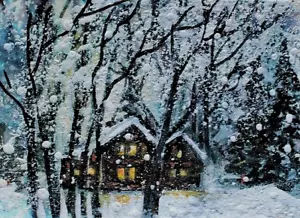 ACEO Original Winterhütte Kiefer GEMÄLDE Schnee Urlaub Natur Landschaft KUNST - Bild 1 von 1