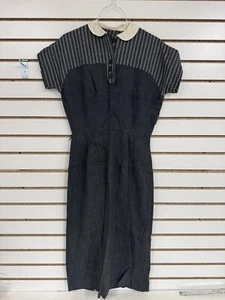 Vintage 1950s Day Dress Blue Quarter Button White Collar Zipper Side W 26" BL - Picture 1 of 8