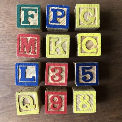 Set of 12 Wood Toy Blocks Letters / Numbers / Pictures - Image 1 of 4