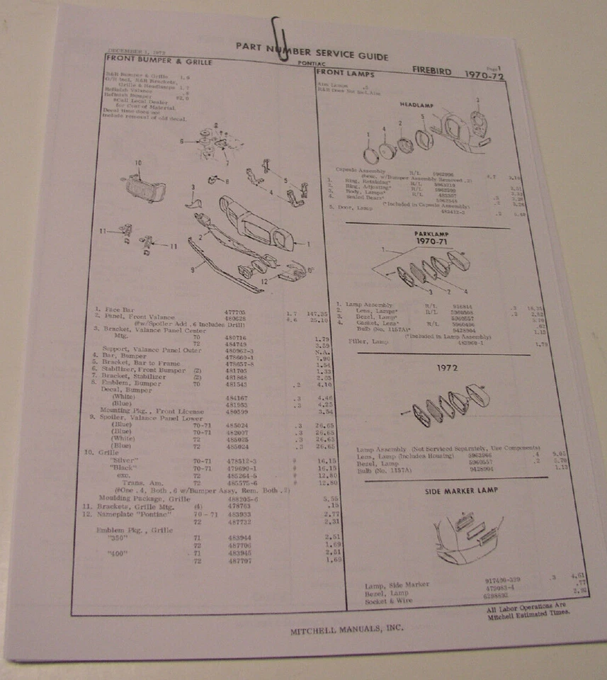 Pontiac Firebird 1970 1971 1972 vistas explotadas con números de pieza Foto 1 de 1