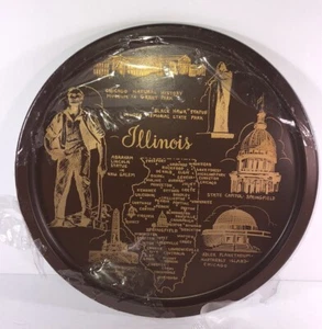 Vassoio da portata vintage Illinois State metallo dipinto a mano marrone e oro MCM souvenir - Foto 1 di 6