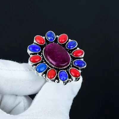Lab-Created Rubino, Lapislazzuli, Corallo Rosso Fiore Anello 925 Argento - Immagine 1 di 4