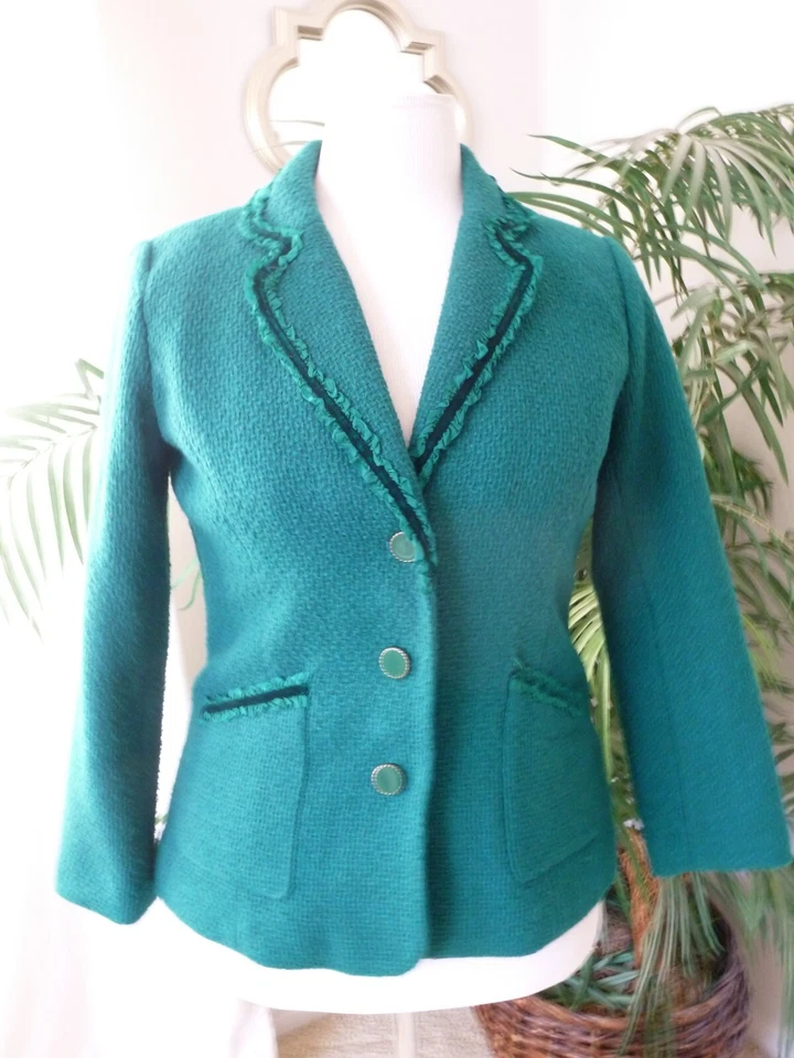Chaqueta Blazer Joan Rivers Verde Esmeralda Tweed Talla 8 Terciopelo Volantes Borde Foto 1 de 4