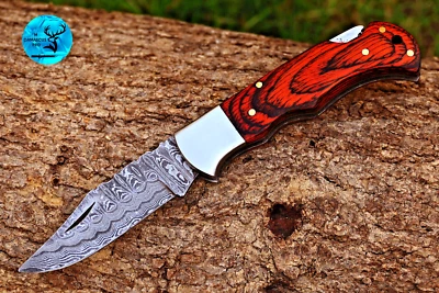 NAVAJA DE CAMPING DE BOLSILLO CON HOJA PLEGABLE DE ACERO DAMASCO FORJADO HECHA A MANO SUPERVIVENCIA 2034 Foto 1 de 4