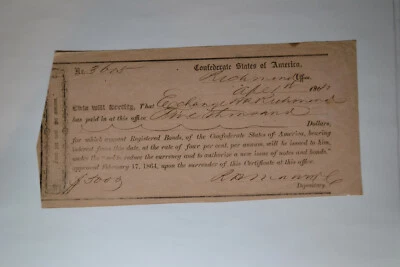 $5000 Interim Deposit Receipt- Confederate States of America-  Richmond, VA. - Image 1 of 2