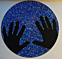 Reaching for the stars, Vinyl record painting, silhouettes, pop art, starry sky,