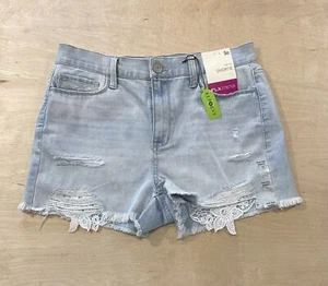 SO High Rise Shortie Juniors Size 11 Blue Frayed Hem Light Wash Denim 5-Pocket - Picture 1 of 7