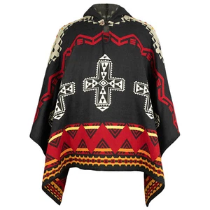 Harmony of Contrasts Hooded Cotton-Alpaca Poncho Aztec Geometric Accents - Picture 1 of 13