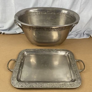 VINTAGE POTTERY BARN PEWTER GRAPEVINE PARTY DRINK ICE BUCKET & SILVER PLATTER - Picture 1 of 15