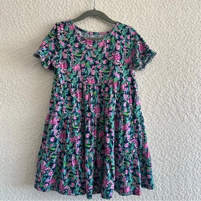 Vestido Lilly Pulitzer Niñas Jodee Marea Baja Azul Marino Rosa Flores Talla 6-7 Foto 1 de 4