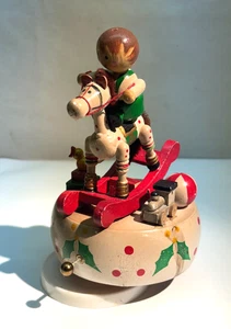 VINTAGE WIND UP CHIME TOY CHRISTMAS SONG SILENT NIGHT BOY CHILD ROCKING HORSE 7" - Picture 1 of 11