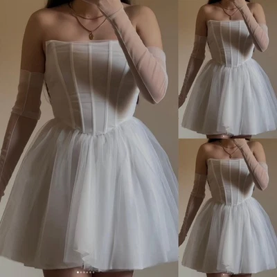 Vestidos de novia cortos de playa con guantes mini sin tirantes de tul blancos vestidos de novia Foto 1 de 4