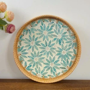 (Table Green Flower)Rattan Woven Serving Tray Round Decorative Natural Rattan - Picture 1 of 1