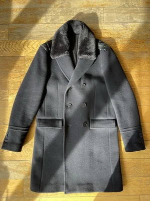 The Kooples Men’s Navy Wool Coat Size 36 Leather Trim Fur Collar Great Condition - Image 1 of 4