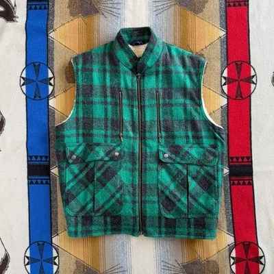 Vintage 80s Green Plaid Sherpa Lined Vest Size Large Wool Outdoor Winter - Image 1 of 4