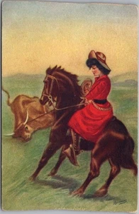 Vintage 1910s COWGIRL Western Postcard "4406 - ROPED" Horse & Bull *TRIMMED - Bild 1 von 2