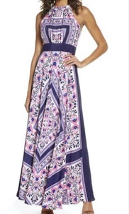 Eliza J Scarf Print Halter Maxi Dress Size 12 Navy Pink White Floral Bow Back - Picture 1 of 13