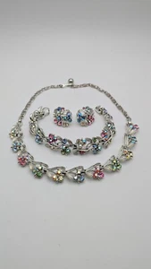 Vintage Lisner 4 Piece Multicolor Rhinestone Necklace Bracelet Clip On Earrings - Picture 1 of 21