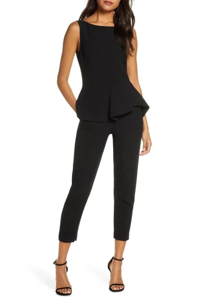 NEGRO HALO Kasia Peplum Plisado Tejido Cónico Pantalón Corto Mono Vestido 4 EE. UU. = S Foto 1 de 3