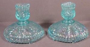 Fenton Blue Glass Sea Mist Candlesticks Pair Irridescent Feather Vtg 3' x 4.25" - Picture 1 of 13
