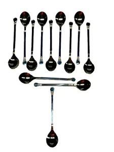 12 Lot Tea Spoons Blue Enamel Handle Gold Colored Stainless Steel Flatware Japan - Picture 1 of 9