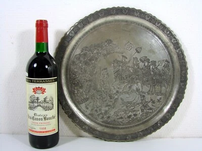 Antique Kadjar Persian Ottoman Silver 19 thC Plate Tray engraved Hunting Scene - Image 1 of 4