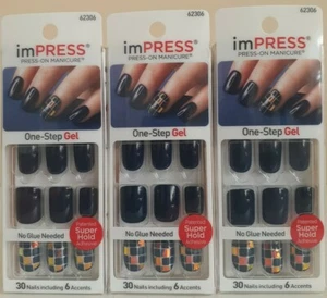 3 Pack Impress Nails Press On Manicure Flash Mob Dark Navy/Checkered 62306 - Picture 1 of 3