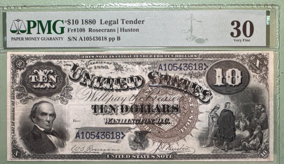1880 $10 Licitación Legal FR#108 Rosecrans/Huston "Jackass" Calificado PMG 30 Muy Fino Foto 1 de 2