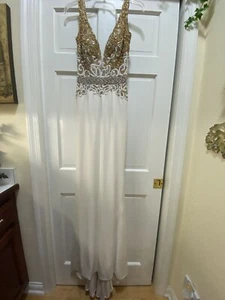 SHERRI HILL COUTURE GOLD WHITE SWAROVSKI CREAM JERSEY GOWN PAGEANT DEEP V SZ 4 - Picture 1 of 12