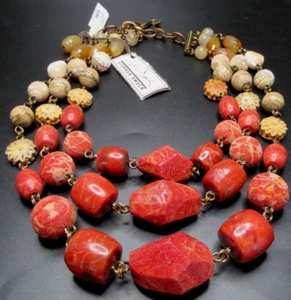 STEPHEN DWECK Triple Strand Coral Carved Flowers Necklace New With Tags! - Picture 1 of 8